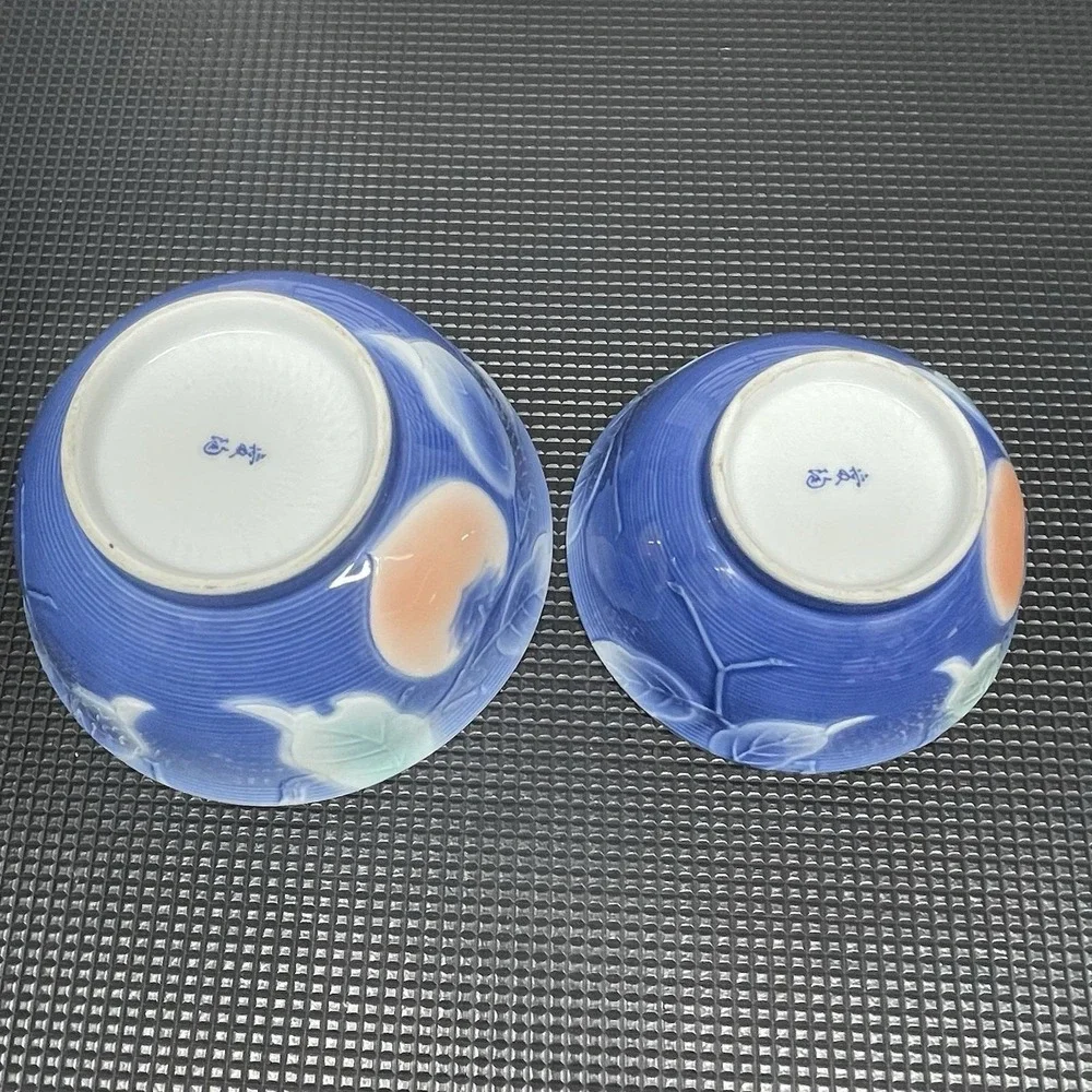 Vintage Andrea by Sadek‎ Japanese Hand Painted Bowls Set Blue Embossed Persimmon